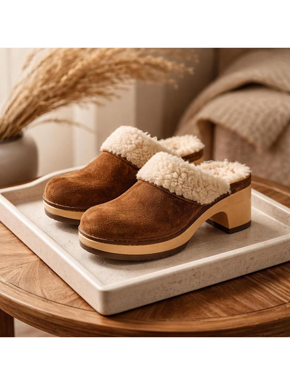 Crocs Brown Faux Sara Suede Sherpa Lined Platform Mule Clogs chunky Heel Size 6